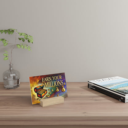 Colorful postcard on a small wooden stand sits on a light wood table, with a glass vase and plant to the left and travel magazines to the