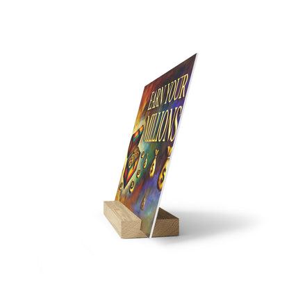 Colorful poster on a light wood easel stand with the words EARN YOUR MILLIONS.