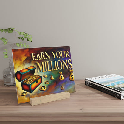 Colorful poster reading 'EARN YOUR MILLIONS' displaying a treasure chest and coins on a wooden stand.