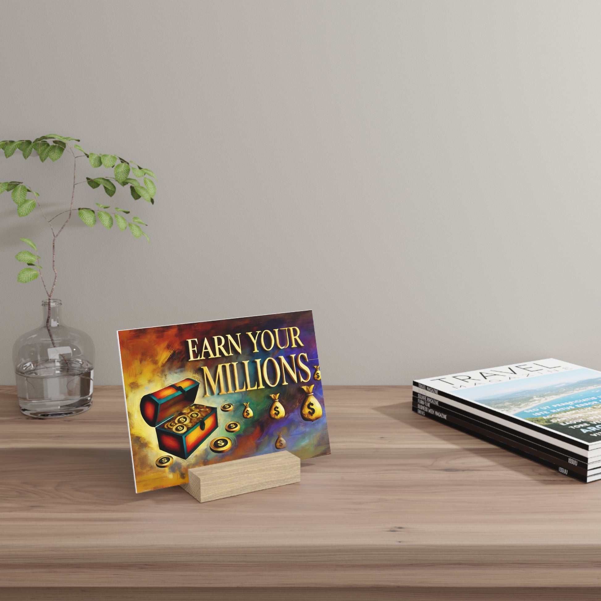 Colorful poster card reading 'EARN YOUR MILLIONS' on a small wooden stand on a wooden table, with a glass vase and plant to the left and
