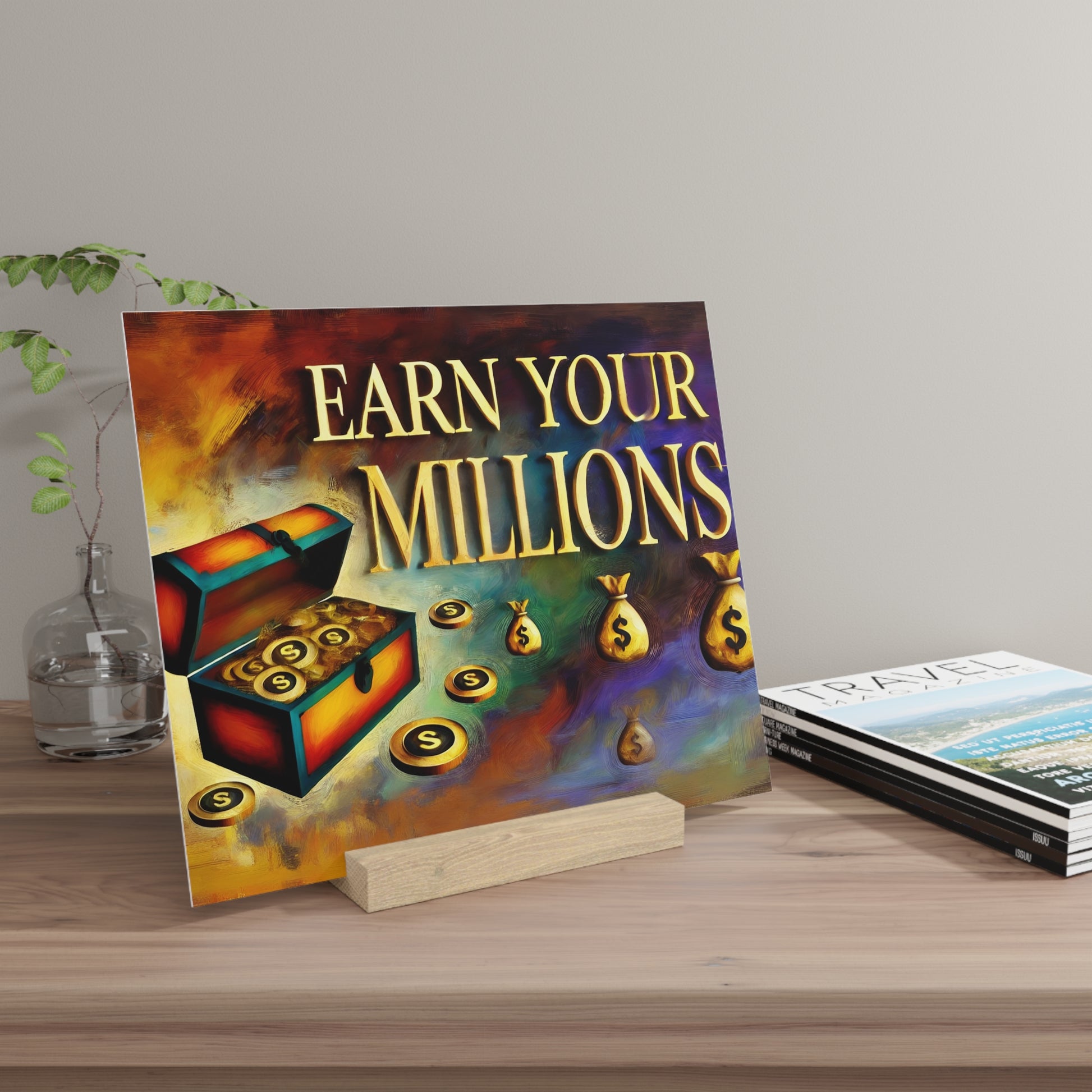 Colorful poster reading EARN YOUR MILLIONS with an open chest spilling gold coins on a wooden table, beside a glass vase and travel