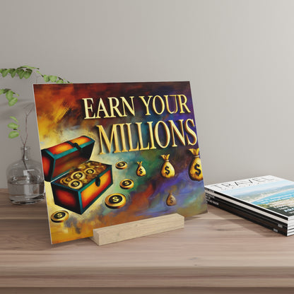Colorful poster reading EARN YOUR MILLIONS with an open chest spilling gold coins on a wooden table, beside a glass vase and travel