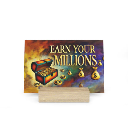 Colorful painting sign featuring an open treasure chest spilling coins and money bags, with “EARN YOUR MILLIONS” text.