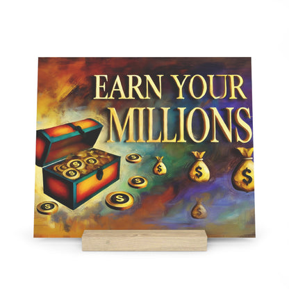 Colorful poster showing a treasure chest with coins and money bags, text 'EARN YOUR MILLIONS' in gold letters.
