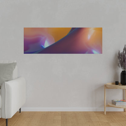 Rectangular abstract wall art with swirling orange, purple, and blue gradient, hung on a light gray wall above a wooden floor.