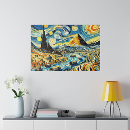 Colorful landscape painting featuring swirling blue sky, pyramids, and a winding river with boats.