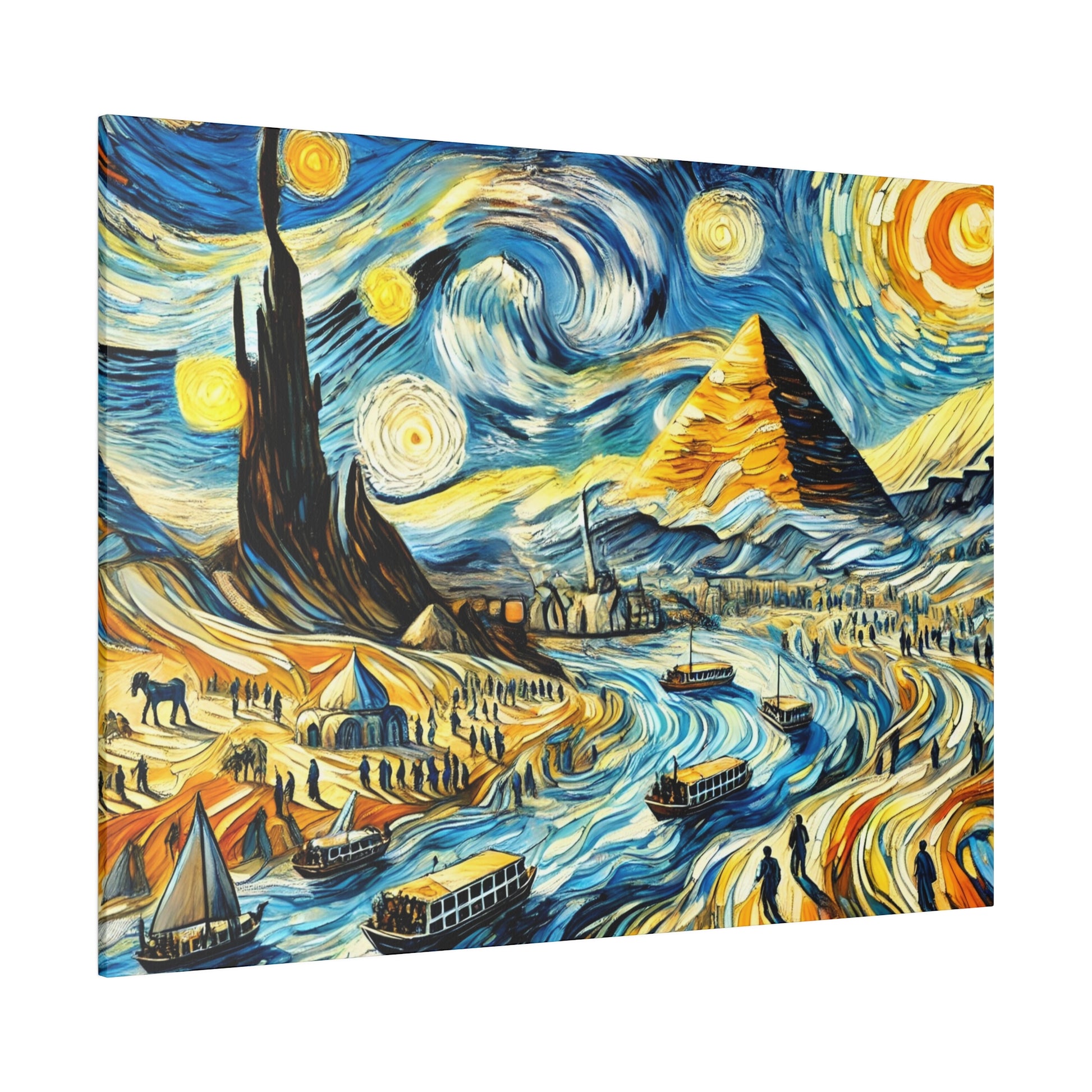Colorful desert harbor scene with pyramids, a winding river, boats, tents and crowds along the shore under a swirling sky.