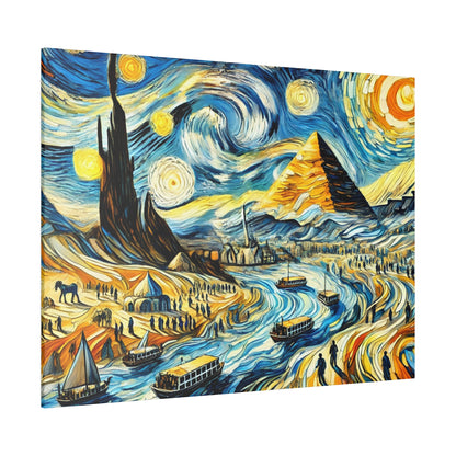 Colorful desert harbor scene with pyramids, a winding river, boats, tents and crowds along the shore under a swirling sky.