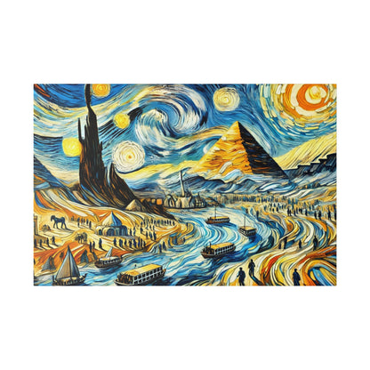 Colorful landscape painting with a swirling night sky, a pyramid, a winding river, boats, and tents along the shore.