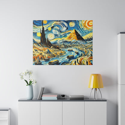 Colorful framed painting of a river scene with pyramids and boats, hung on a white wall above a cabinet.