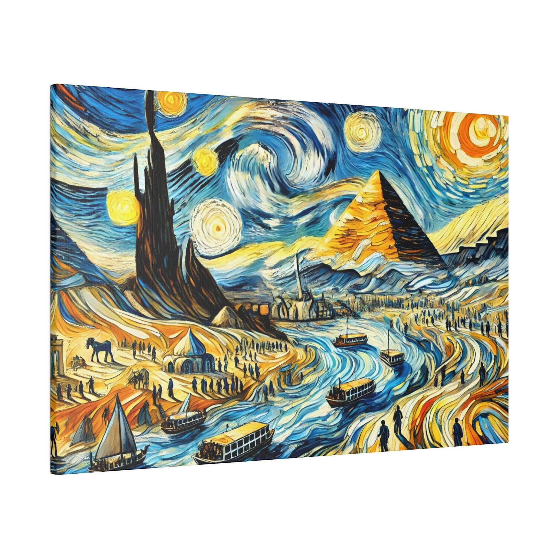 A vibrant, swirled landscape painting of pyramids and a winding river with boats, tents, and small silhouetted figures.