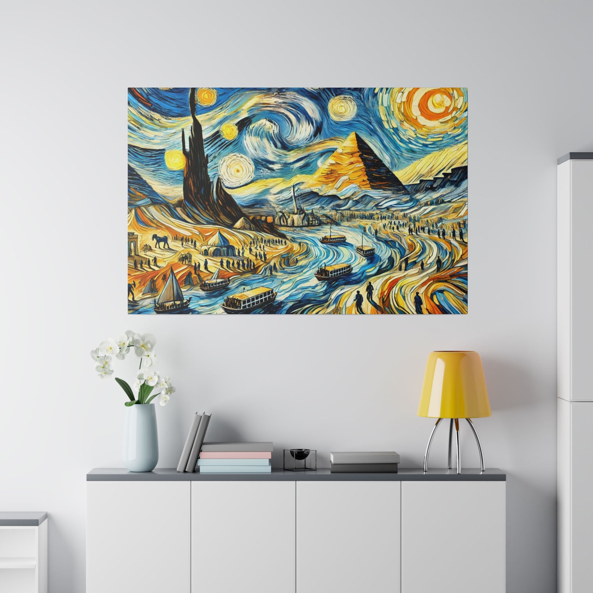 Colorful abstract landscape painting on white wall featuring pyramids, tents, boats on a swirling blue river.