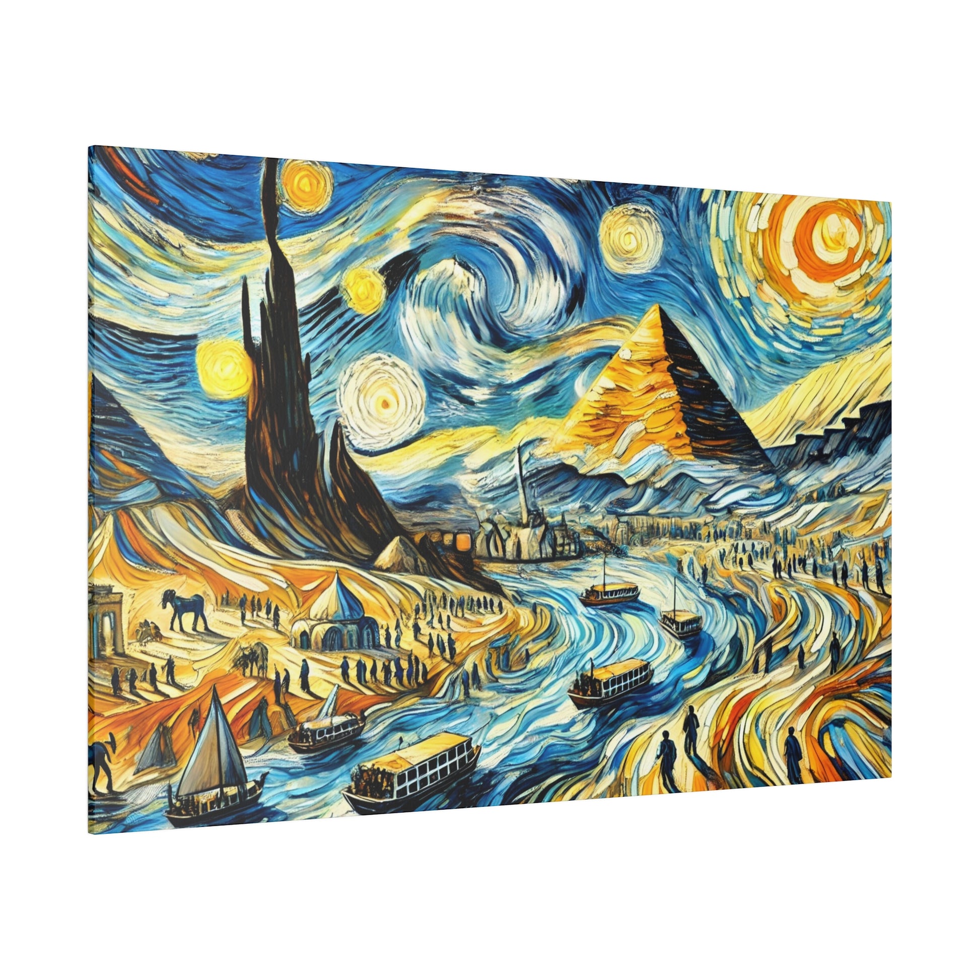 Colorful, swirling landscape painting showing a river with boats, tents along the shore, a tall rock formation, a pyramid, and a starry sky.