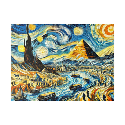 Colorful painting of a river scene with boats, pyramids, tents, and a starry sky in swirling blue and yellow.