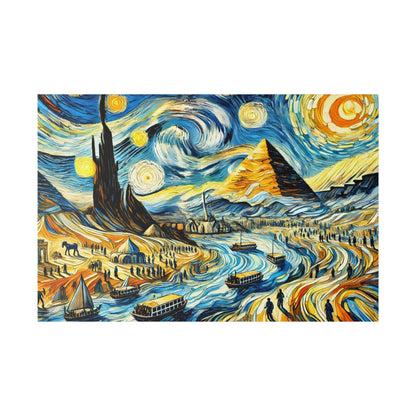 Colorful painting of a riverfront scene with pyramids, boats, and a swirling blue-yellow sky.