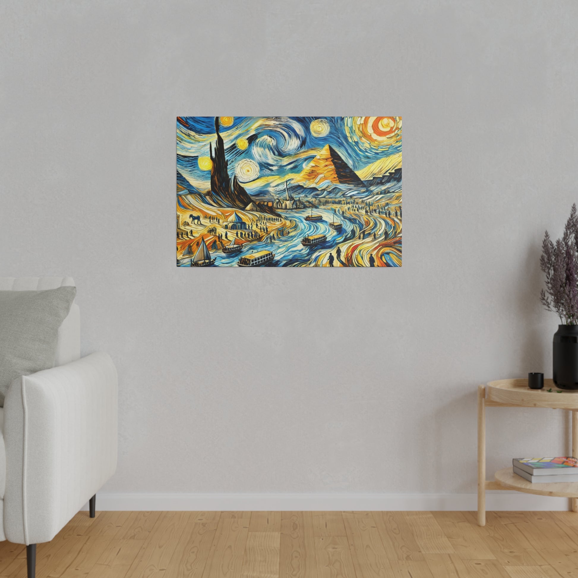 Colorful rectangular wall art depicting a swirling blue and yellow scene with pyramids, boats, and a river.