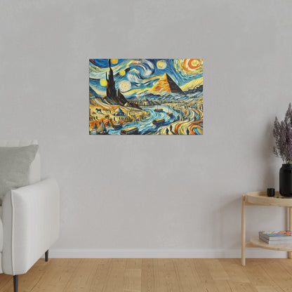 Colorful rectangular wall art depicting a swirling blue and yellow scene with pyramids, boats, and a river.