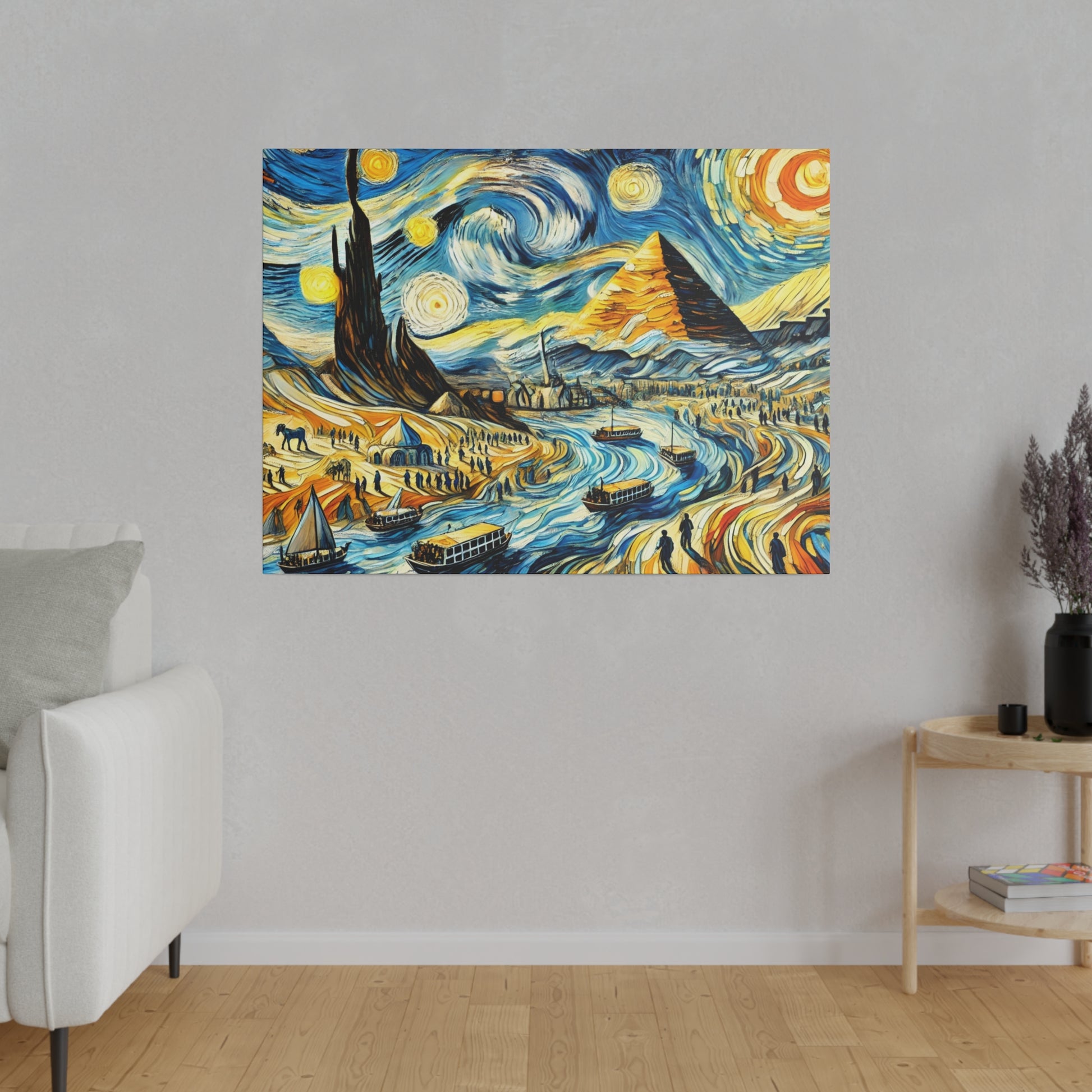Colorful, swirling landscape painting depicting pyramids, a winding river with boats, tents, and desert figures on a gray wall.
