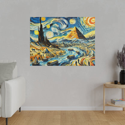 Colorful, swirling landscape painting depicting pyramids, a winding river with boats, tents, and desert figures on a gray wall.