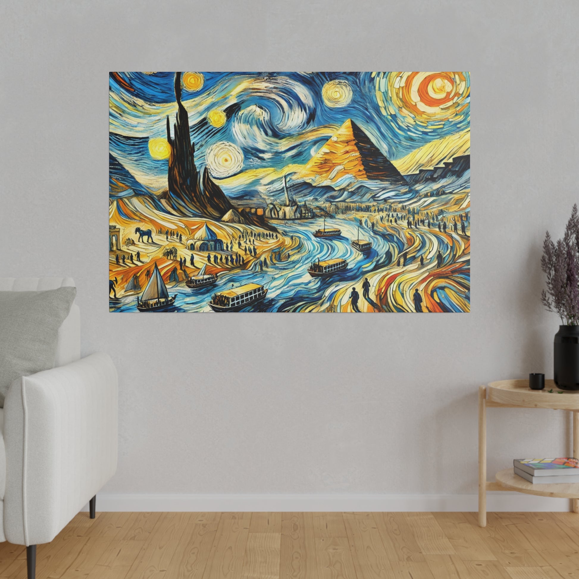 Colorful painting of a desert scene with pyramids, a winding blue river, boats, tents, and swirling yellow skies.