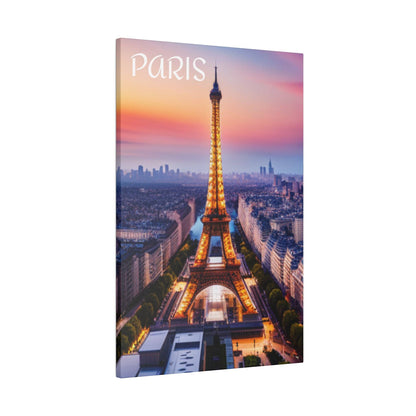 Canvas print of the Eiffel Tower lit at dusk, with a Paris skyline and pink-orange sunset in the background.