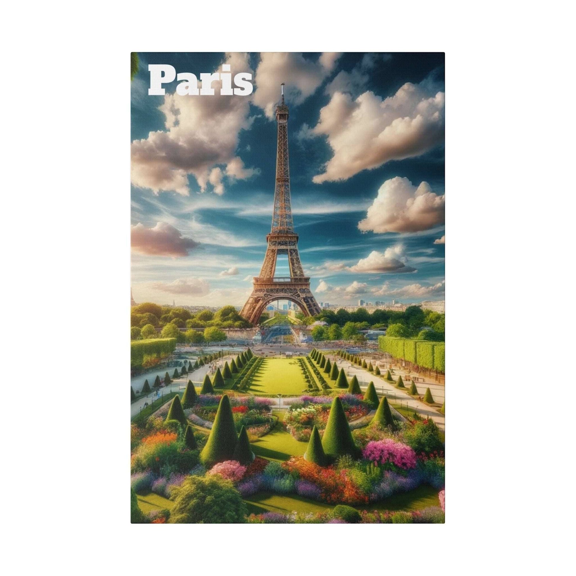 Canvas print showing the Eiffel Tower in Paris with formal garden beds and cone-shaped topiary under a blue, cloudy sky.