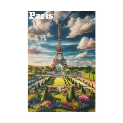 Canvas print showing the Eiffel Tower in Paris, with formal gardens and a blue sky with clouds.