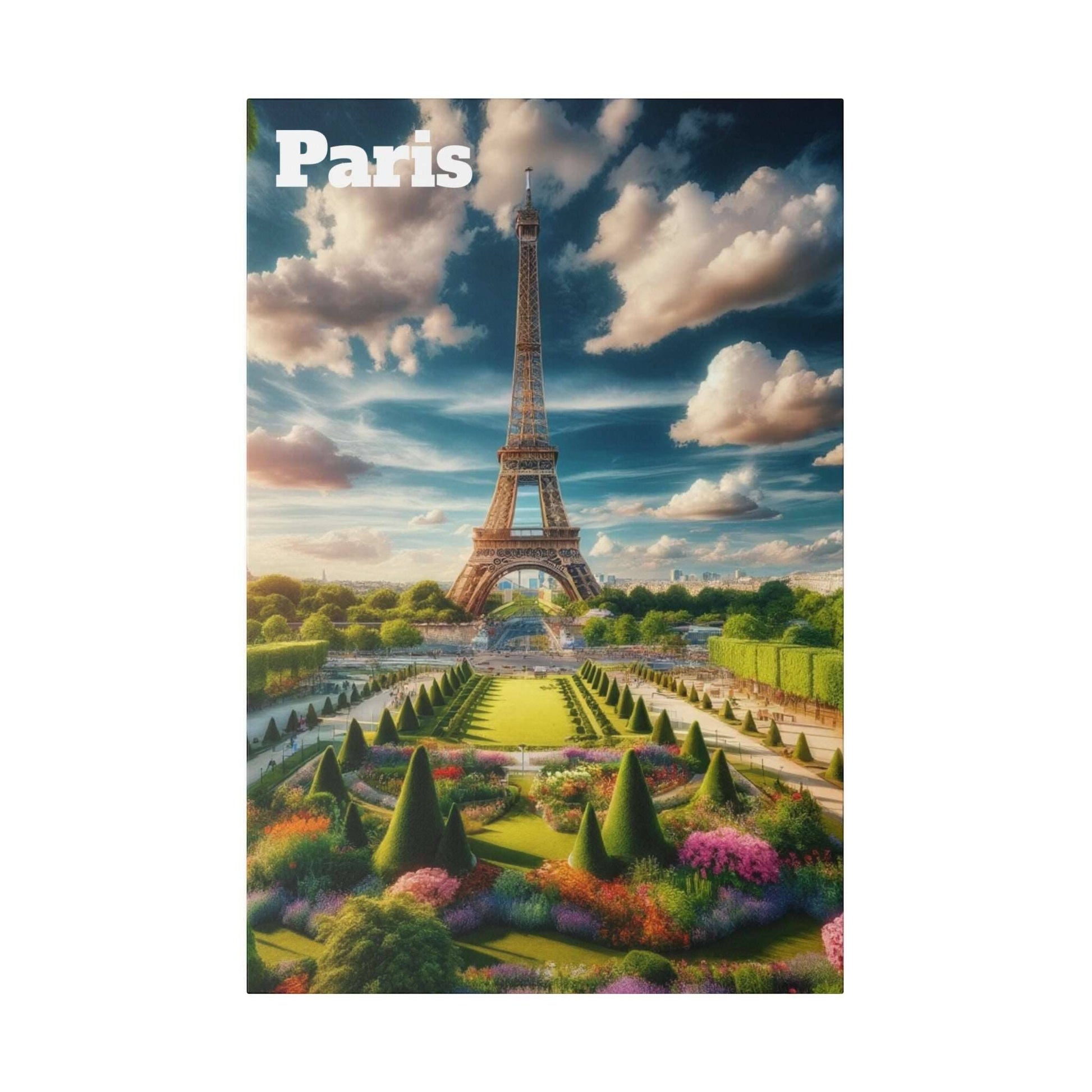 Canvas print of the Eiffel Tower with the word Paris, rising above a manicured garden with colorful flowerbeds.