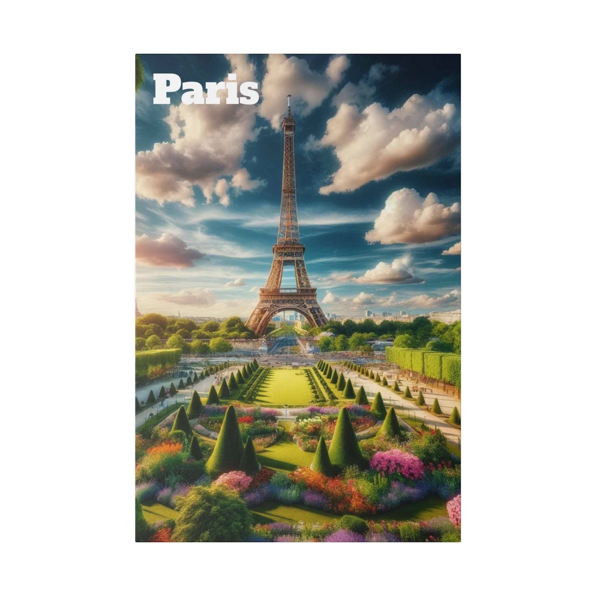 Canvas print of the Eiffel Tower in Paris with formal gardens and a cloudy sky.