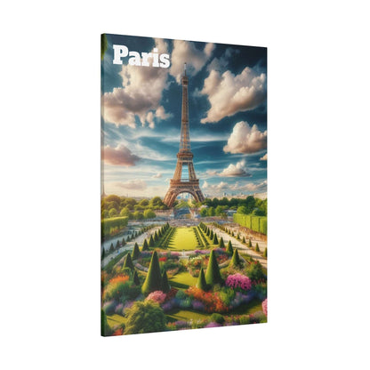 Canvas print of the Eiffel Tower in Paris with a formal garden foreground and "Paris" text in the upper left.