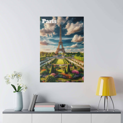 Canvas print of the Eiffel Tower in Paris with formal garden terraces and a blue sky.