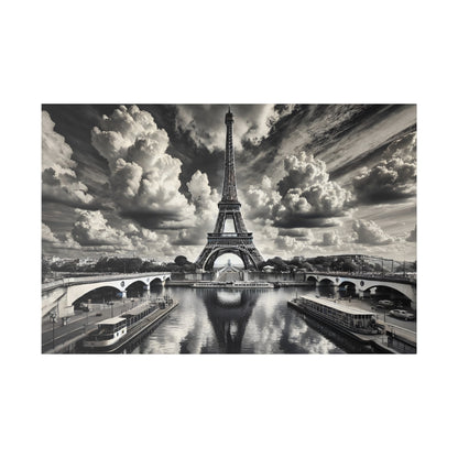 Black-and-white photo of the Eiffel Tower on the Seine, with bridges, boats, and a dramatic cloudy sky.