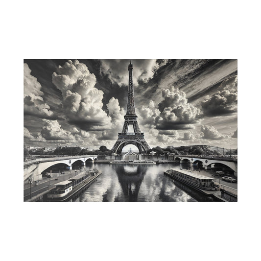 Black-and-white photo of the Eiffel Tower on the Seine, with bridges, boats, and a dramatic cloudy sky.