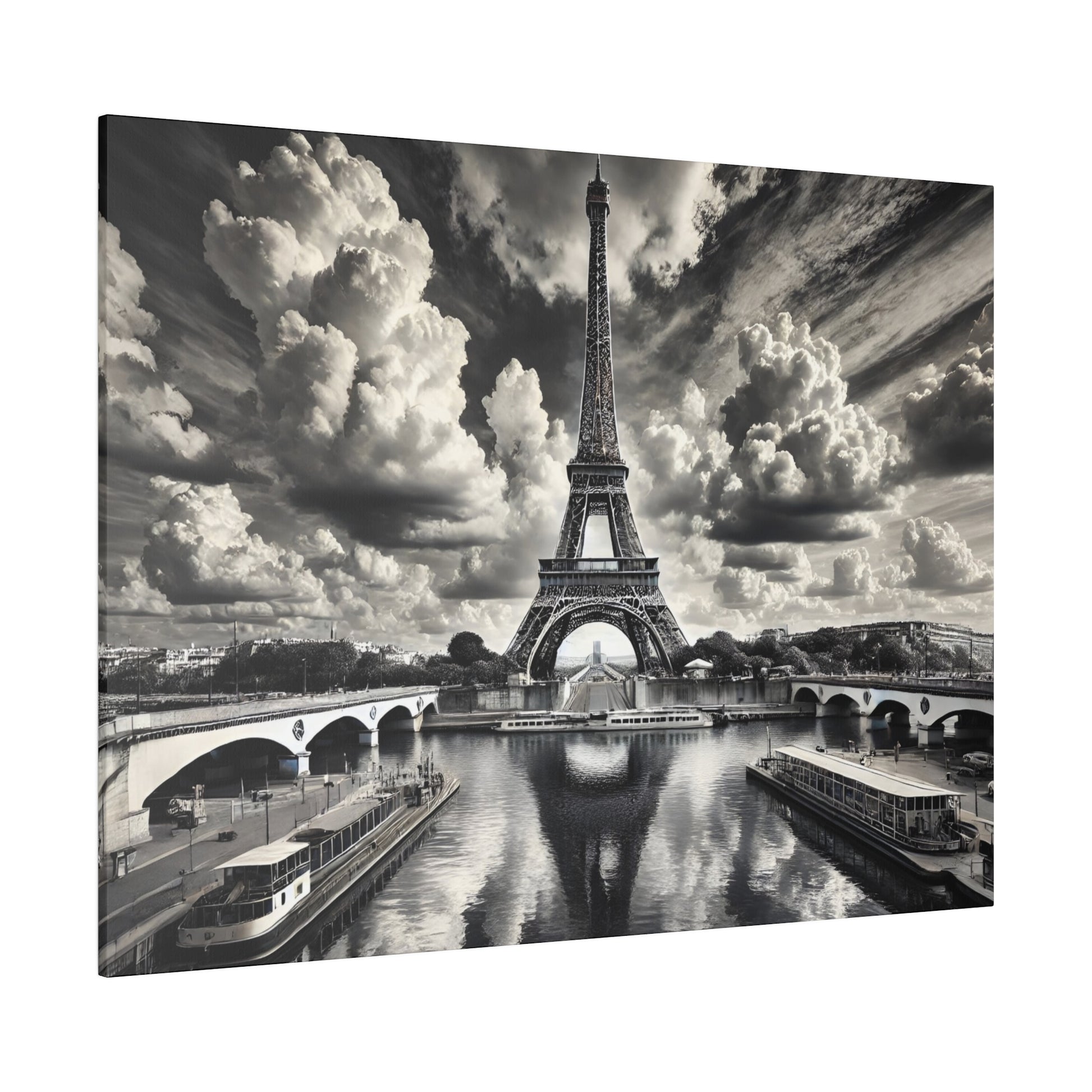 Black-and-white photo of the Eiffel Tower over the Seine with bridges, boats, and a dramatic cloudy sky.
