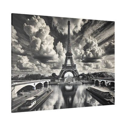 Black-and-white photo of the Eiffel Tower over the Seine with bridges, boats, and a dramatic cloudy sky.