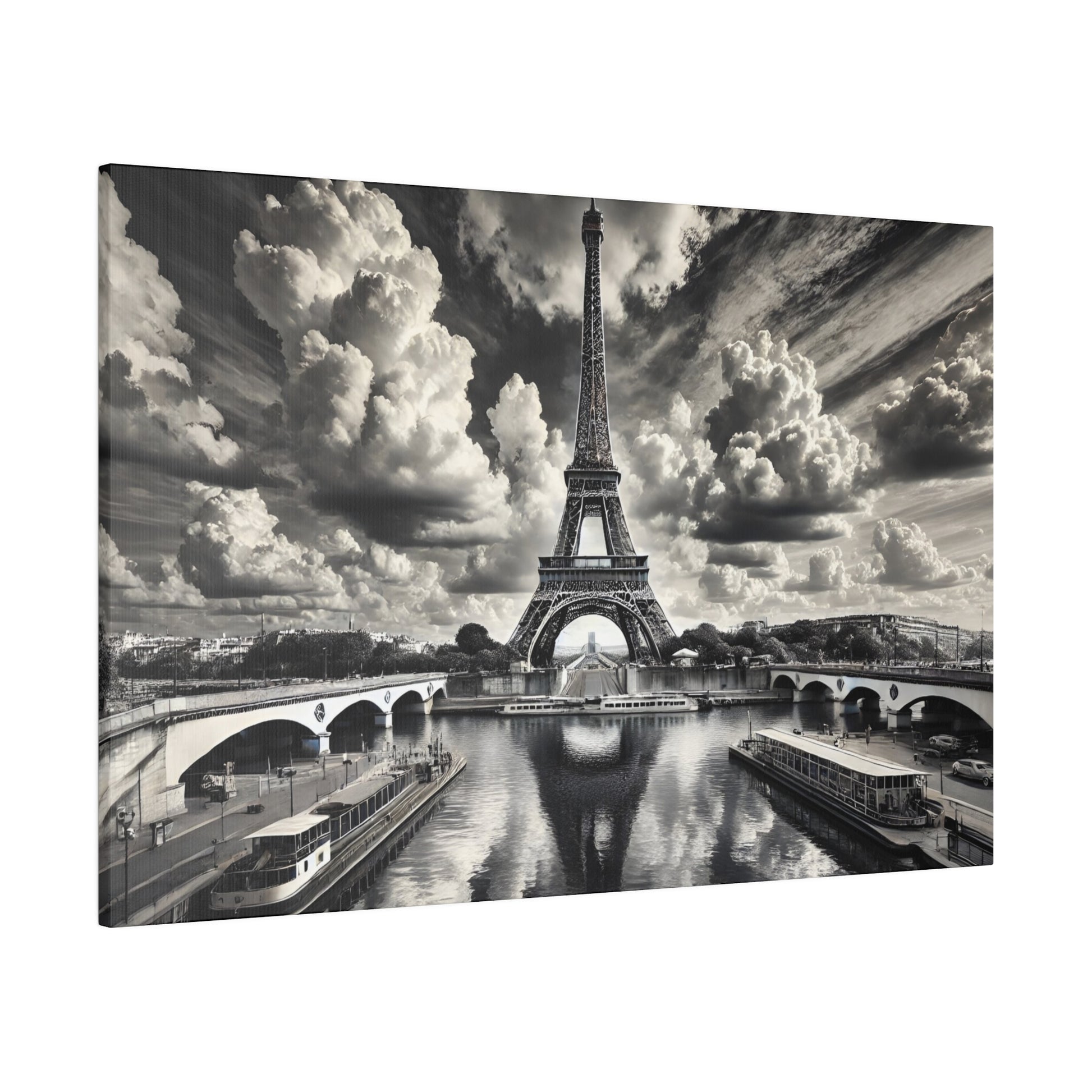Black-and-white photograph of the Eiffel Tower over the Seine with boats and bridges.