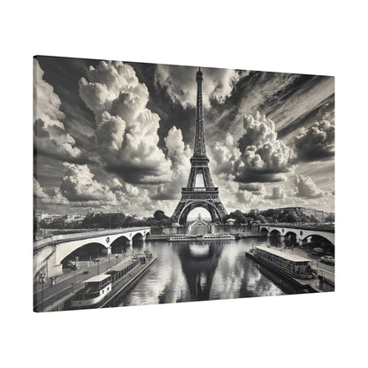 Black-and-white photograph of the Eiffel Tower over the Seine with boats and bridges.