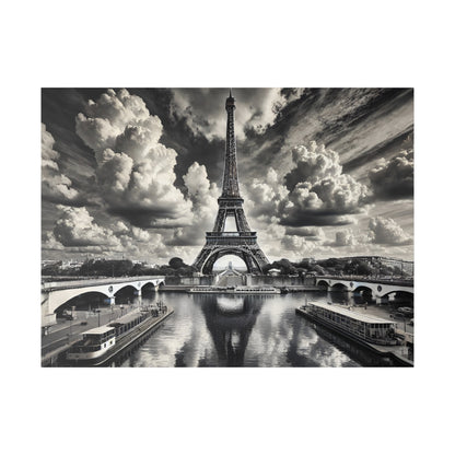 Black-and-white photo of the Eiffel Tower over the Seine with bridges, boats, and dramatic clouds.
