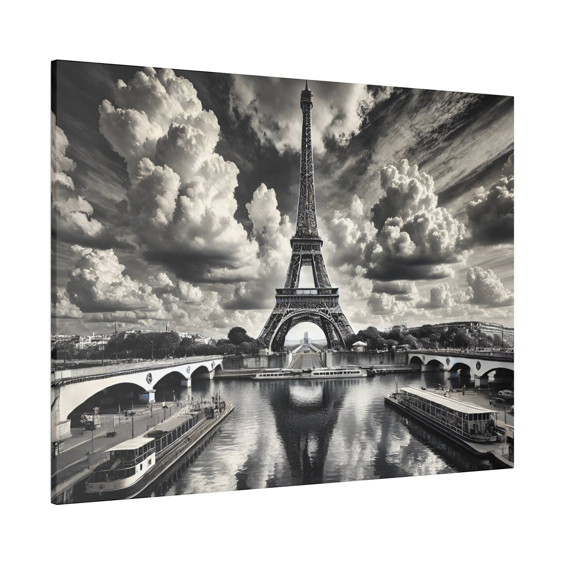 Black-and-white photo of the Eiffel Tower along the Seine with bridges, boats, and dramatic clouds.