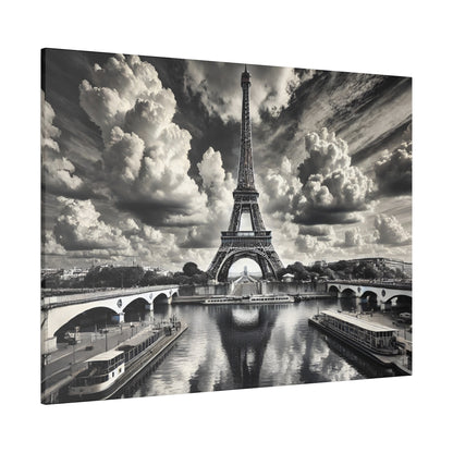 Black-and-white photo of the Eiffel Tower along the Seine with bridges, boats, and dramatic clouds.