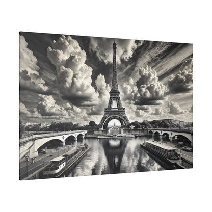Black-and-white photo of the Eiffel Tower with the Seine River, bridges, and boats in the foreground.