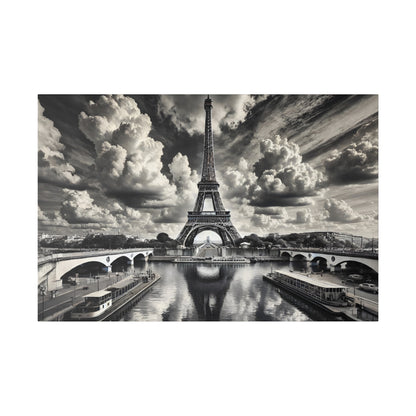 Black-and-white photograph of the Eiffel Tower centered, with a river, bridges, and boats in the foreground.