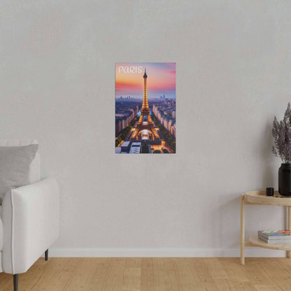Vertical canvas print depicting the Eiffel Tower in Paris at sunset with a cityscape background.