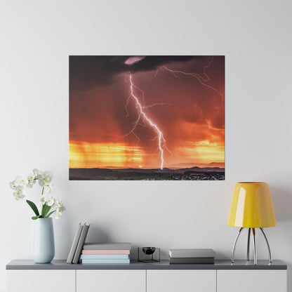 Square canvas print of a dramatic lightning bolt over a sunset-lit landscape with orange and purple skies.
