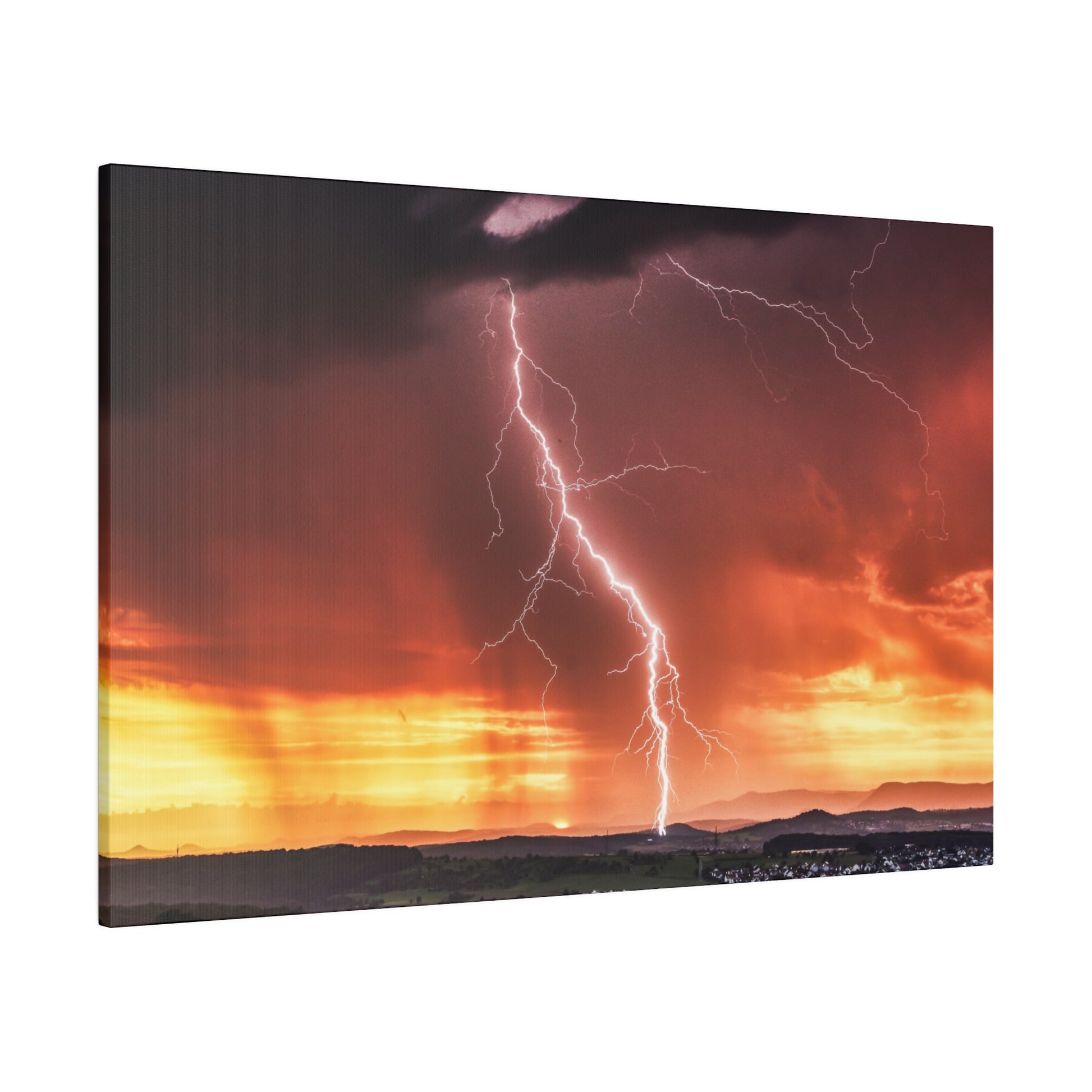 Wide evening landscape with an orange sunset and a bright jagged lightning bolt striking the ground.