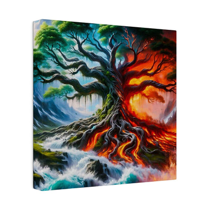 Colorful canvas painting of a large twisted tree split by cool blues/greens on the left and fiery reds/oranges on the right, with