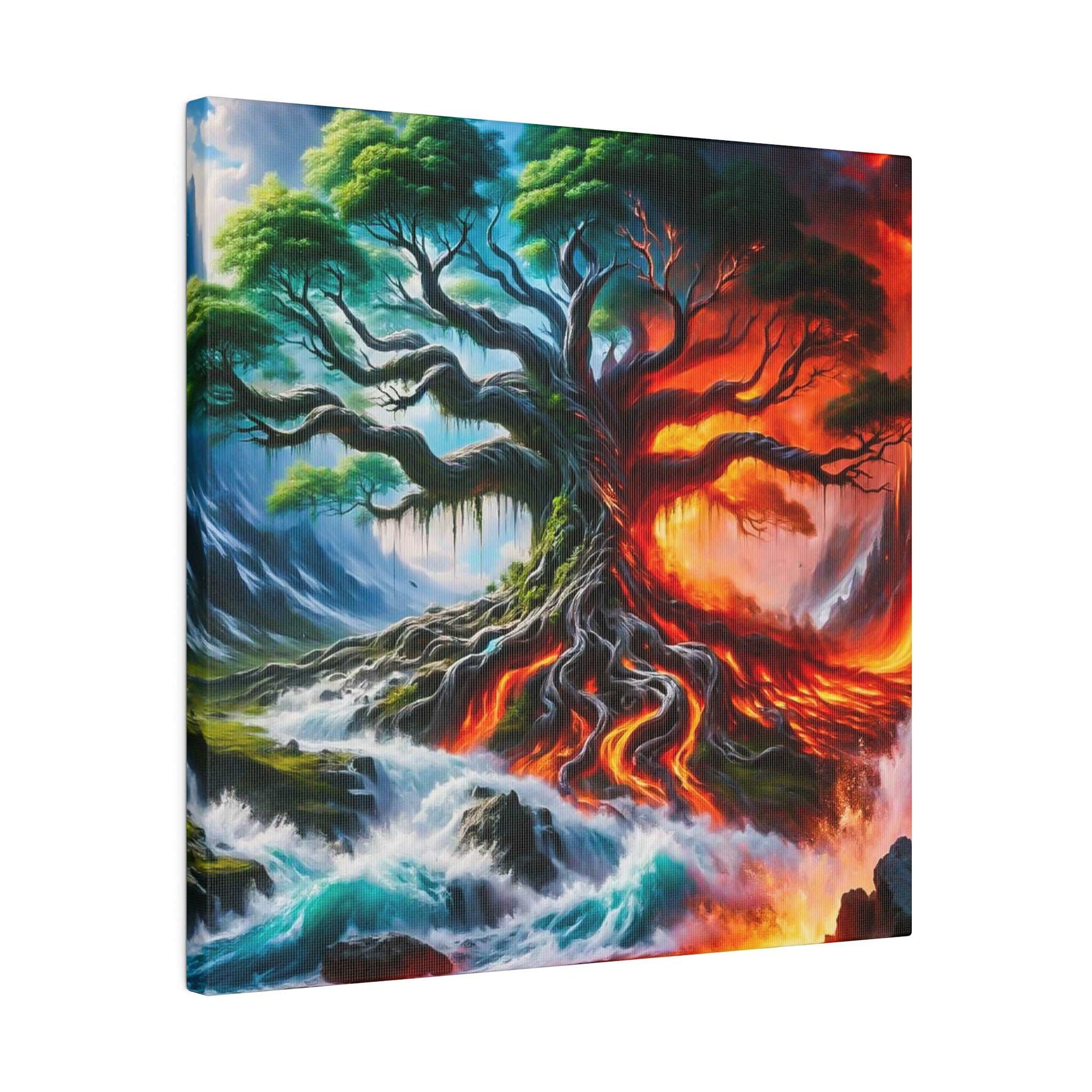 Colorful canvas painting of a gnarled tree with a blue-green left side and a fiery orange-red right side, roots sprawling over lava and
