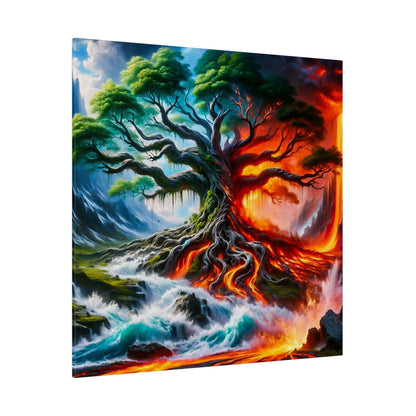 Vibrant canvas showing a twisted tree with green leaves; lava-fire on the right and a blue icy landscape with cascading water on the left.