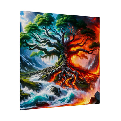 Vibrant canvas painting of a large twisted tree with green leaves, blue water on the left and lava on the right, with sprawling roots.