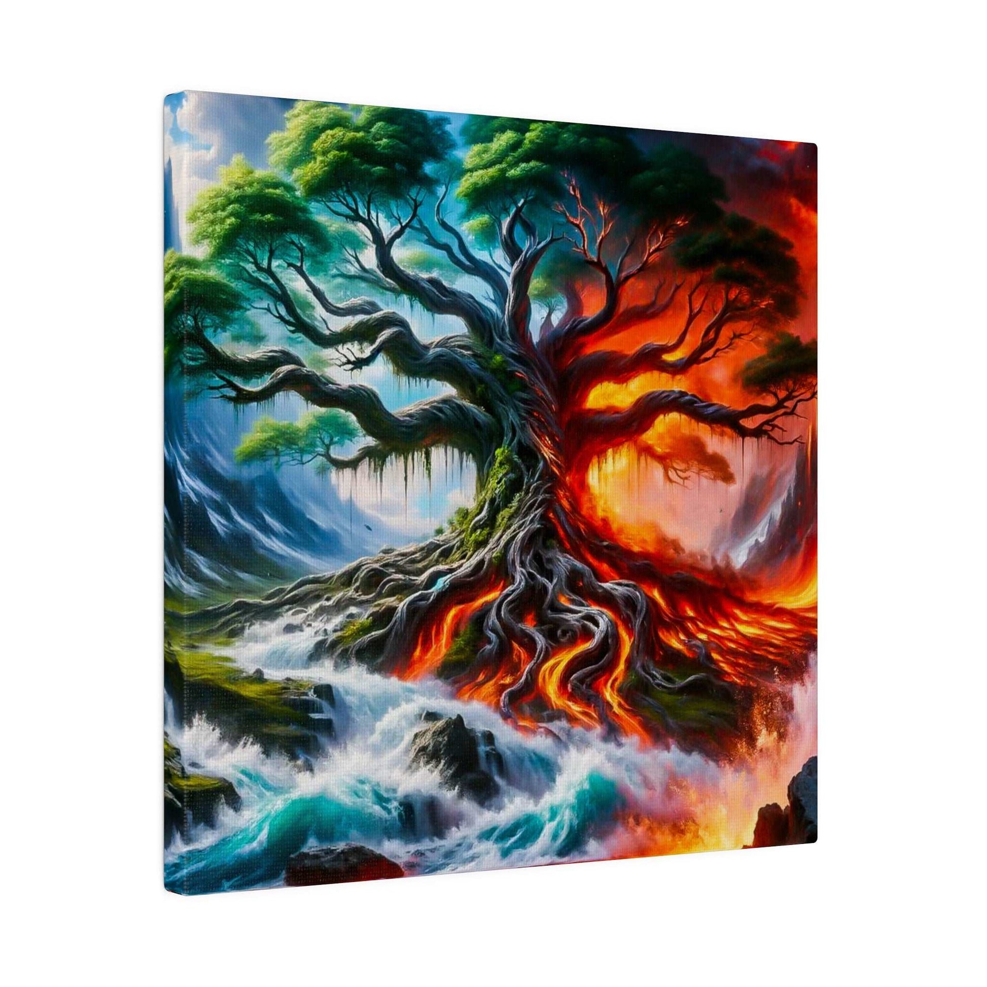 Vibrant fantasy canvas of a twisting tree whose left side shows a green/blue landscape and right side glows with fiery red lava.